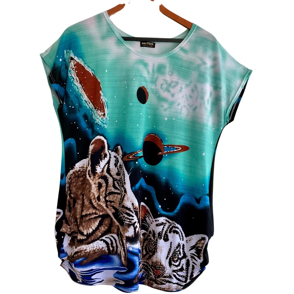 Y2K Graphic T-Shirt Top Tunic Tiger Space Galaxy Cosmic Celestial Mall Goth XL